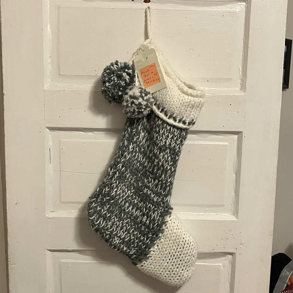 Brand new !  Jumbo 24” hand knit stocking with full lining n pom poms in grey n